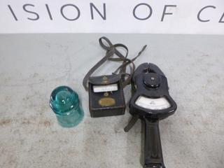 (1) Tong Test Clamp Meter, Hercules Inc. Blasting Galvanometer, (1) Electric Utility Pole Pin Insulator