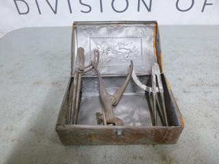 Decorative Metal Box W/ Contents, (2) Protractors, (1) Crimper