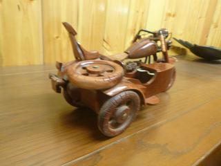 Wooden Motorcycle W/ Side Car, Approx 14in.