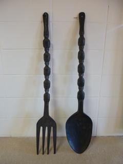 Wooden Wall Hanging Spoon and Fork, Approx. 43 In.