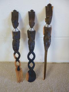 Wooden Carved Fork, Spoon and Knife, Approx. 15 In.