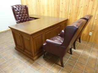 Alex Stuart Design, Solid Wood L-Shape Desk, Approx 72in. X 82in. X 29in., (1) Rolling Executive Office Chair, (2) Executive Office Chairs, W/ Solid Wood 2-Drawer Side Cabinet, Approx 37in. X 18in. X 29in. *Note: Item Located Upstairs, Buyer Responsible For Dismantle/Loadout*