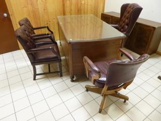 Solid Wood Banker's Desk, Glass Top, W/ Alarm Buttons, Approx. 66 In. X 38 In. X 31 In., (2) Executive Rolling Office Task Chairs, (2) Executive Office Visitor Chairs *Note: Item Located Upstairs, Buyer Responsible For Dismantle/Loadout*