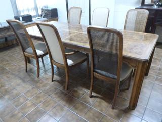 Dining Table W/ (2) Leaf Extensions, Approx 96in. X 40in. X 29in, (6) Chairs *Note: Item Located Upstairs, Buyer Responsible For Dismantle/Loadout*