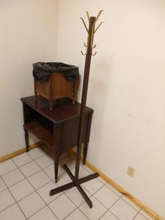 (1) Side Cabinet W/ Broken Door, (1) Wooden Garbage Can, (1) Coat Hanger