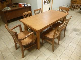 Wood Table, Approx 60in. X 30in. X 30in., W/ (6) Chairs *Note: Item Located Upstairs, Buyer Responsible For Dismantle/Loadout*