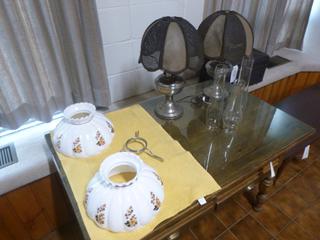 (2) Aladdin Lamps, (2) Glass Lamp Shades W/ Metal Brackets, (3) Glass Lamp Tops
