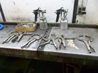 (6) Clamps, (2) Paint Spray Guns, (1) Weller Soldering Gun