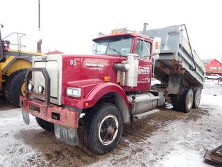 2001 Western Star T/A Dump Truck c/w Cummins N14 Diesel, 460 HP, 18 Speed Eaton Fuller, Dbl. Diff-Lock, Positive Air, A/C, 15 Ft. Steel Dump Box, Rollover Tarp, Rubber Block Over W/B, GVWR 46,500 Lb, 11R24.5 Tires, Showing 614,387 Kms, Showing 2,246 Hrs, VIN 2WKTDCJH61K970458 **Located Offsite Near Clyde, AB, For More Information Contact Chris 587-340-9961**