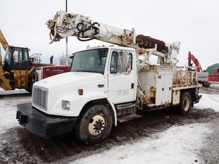2000 Freightliner FL80 S/A Digger Derrick Truck c/w Cat 3126 Diesel, 250 HP, A/T, A/C, Beacons, 11R22.5 Tires, Front Axle 14,000 Lb, Rear Axle 23,000 Lb, GVWR 37,000 Lb w/ Altec D945TR Digger Derrick, SN 0500BA2312, Outriggers, Front Winch, Showing 141,015 Miles, 8,827 Hrs, CVIP 06/2023, VIN 1FV6JJBB4YHG70179 **Located Offsite Near Clyde, AB, For More Information Contact Chris 587-340-9961**