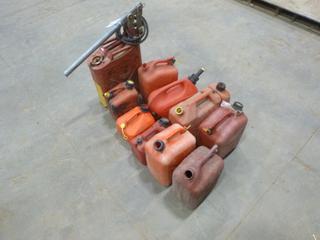 Qty of Assorted Gas Cans, (1) Portable Injection Hand Pump c/w Can, 3,000 PSI Max Pressure *Note: Some Cans Missing Caps and Stoppers*  (K-1-1)