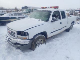 2003 GMC Extended Cab Pickup c/w Vortec 5.3L V8, VIN 1GTEK19T13Z113882 *Note: Parts Only, Door Handle Missing, Front Driver Window Missing, No Tailgate, Dents, Scratches, Buyer Responsible For Loadout*  **Located Offsite at 21220-107 Avenue NW, Edmonton, For More Information Contact Richard at 780-222-8309**