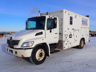 2005 DynaWinch Hino 268 Wire Line Truck c/w 7.6L Diesel, 6 Speed Manual, 4X2, DRW, A/C, Storage Cabinets, 11R22.5 Tires, Front Axle 3,630 Lb, Rear Axle 8,620 Lb, GVWR 12,250 KG, 235 In. W/B, 2006 DynaWinch SV1-160 Wireline Bomb (Drop Spool), 1/8 In. Wire Diameter, Webasto Air Top 3500 ST Heater System, Corso 1/2 Ton Job Crane, Muncie Hydra-Lift, PTO, Showing 500,900 Kms, 9,775 Hrs, CVIP 04/2023, VIN 5PUNE8JR352S10140 *Note: Saskatchewan Registered, Front Drivers Tire Hub Seal Missing* (PL#0143D)