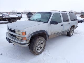 1995 Chevrolet Suburban LS 4X4 SUV c/w A/T, A/C, Kenwood Stereo, LT265/70R17 Tires, Showing 279,424 Kms, VIN 1GNGK26N3SJ316956 *Note: Starts/Runs, Does Not Move, Catalytic Converter Missing*