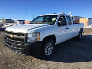 2010 Chev 1500 Silverado 4x4 Extended Cab Pickup c/w V8, Auto, A/C, Tow Haul, Strobe Light, 9 Ft. Box, 26570R17 Tires, Hobs Meter Showing 4797 Hours, Showing 92,945 Kms, VIN 1GCSKPE03AZ281440. *Engine Light On, Damage On Passenger Side Box, Rust On Fenders, Ripped Drivers Seat*.