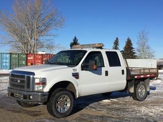 2008 Ford F350 4x4 Crew Cab Deck Truck c/w V8 6.4L Turbo Diesel, Auto, A/C, Heated Seats, Light Bar On Roof, Tow Haul Package, 27570R18 Tires, Showing 407,466 Kms, VIN 1FTWW31R98ED97200. 