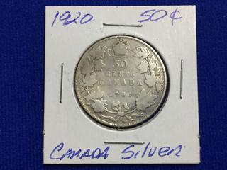 1920 Canada Fifty Cent Silver Coin.