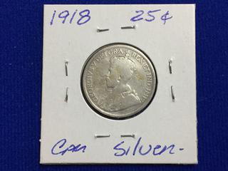 1918 Canada Twenty-Five Cent Silver Coin.