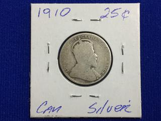 1910 Canada Twenty-Five Cent Silver Coin.