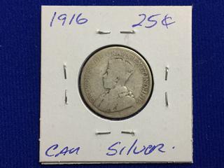 1916 Canada Twenty-Five Cent Silver Coin.