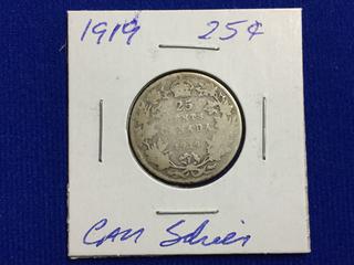 1919 Canada Twenty-Five Cent Silver Coin.