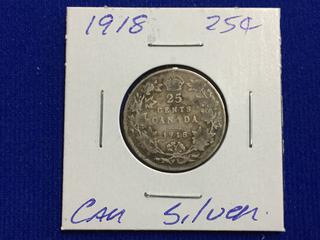 1918 Canada Twenty-Five Cent Silver Coin.