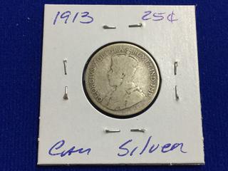 1913 Canada Twenty-Five Cent Silver Coin.