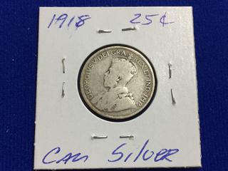 1918 Canada Twenty-Five Cent Silver Coin.