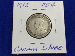 1912 Canada Twenty-Five Cent Silver Coin.