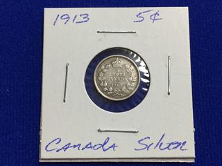 1913 Canada Five Cent Silver Coin.