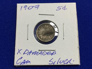 1907 Canada Five Cent Silver Coin, Damaged.