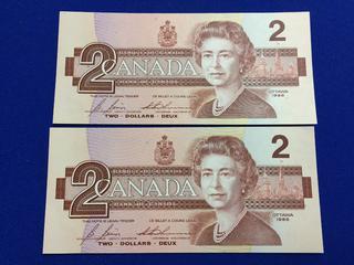 (2) Sequential 1986 Canada Two Dollar Bank Notes, S/N EGR9789947, EGR9789948.