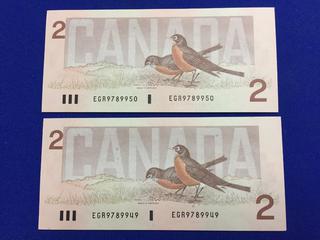 (2) Sequential 1986 Canada Two Dollar Bank Notes, S/N EGR9789949, EGR9789950.