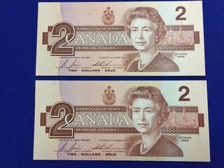 (2) Sequential 1986 Canada Two Dollar Bank Notes, S/N EGR9789951, EGR9789952.