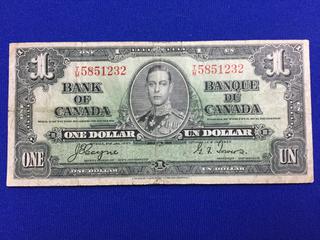 1937 Canada One Dollar Bank Note, S/N TM5851232.