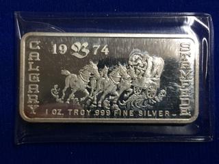 1974 One Ounce .999 Fine Silver Plated Bar, "Calgary Stampede".