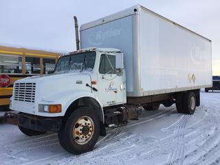 2001 International 4900 24 Ft. S/A Van Body Truck c/w DT466E, 6 Spd,  11R22.5 Tires, Showing 599,633 Kms, VIN 1HTSDAAP51H401421 *Does Not Run, Windshield Cracked, Rusted Body, Front Bumper Damaged, Tires Bald, Passenger Step Damaged, Missing Passenger Seat.*