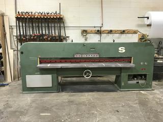 Selling Off-Site SAVI 3520 Veneer Guillotine, 2794mm x 1001mm Clear Daylight Opening, Hydraulically Operated Knife, Motorized Parallel Fence With .05HP Gearmotor Drive, Pushbutton Operated, Magnified Tape Reader in Front of Machine, Weight 3538 kg. Call Graham Cook 403-968-7697 For Viewing & Load Out.
