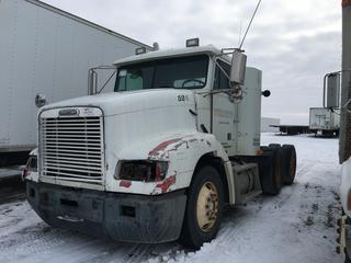 1998 Freightliner T/A Truck Tractor c/w Cummins M11, 10 Spd, A/C, Air Ride Susp., 11R22.5 Tires, Showing 297,715 Kms. VIN 2FUY3MDB1WA944733 *Requires Tires, Front Hood Damaged, No Headlights or Tail Lights, Passenger Side Step Rail Broken, Mudflap Broken.*