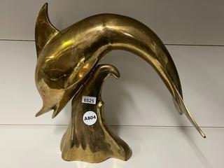 Brass Dolphin Statue. Approximately 16 in. Height, 18 in. Length.