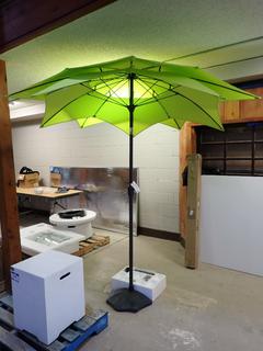 Unused Lime Green Flower Tilt Umbrella c/w Half Round Umbrella Base.