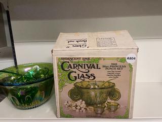 Irridescent Lime Carnival Glass Punch Bowl Set with Extra Cups and Hooks.