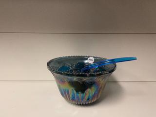 Irridescent Blue Carnival Glass Punch Bowl Set.