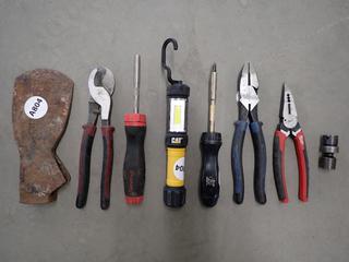 Assorted Hand Tools, Pliers, Flashlight, Axe Head, Etc.