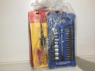 3-Piece Locking Pliers Set, T-Handle Socket and Bit Set and Circuit Tester.