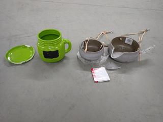 2-Pack of Ceramic Hanging Pots and (1) Jar Pot with Lid, Damaged.