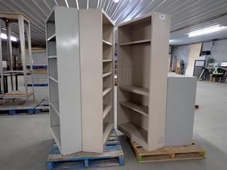 (3) Metal Adjustable Shelf Cabinets, Approx. 36in x 12in x 75in and (1) Lateral File Cabinet c/w Key, Approx. 36in x 18in x 42in.