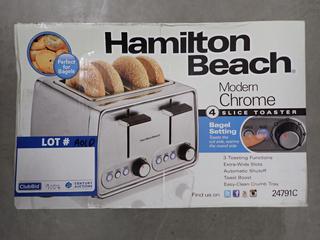 Hamilton Beach Chrome 4-Slice Toaster with Bagel Setting, Model 24791C.