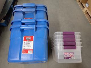 (4) 53L Rubbermaid and (5) 14L Sterlite Clear View Tote Bins, No Lids.