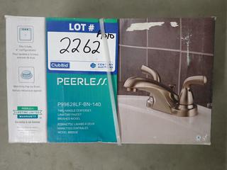 Peerless P99628LF-BN-140 Brushed Nickel Two-Handle Centerset Lavatory Faucet.